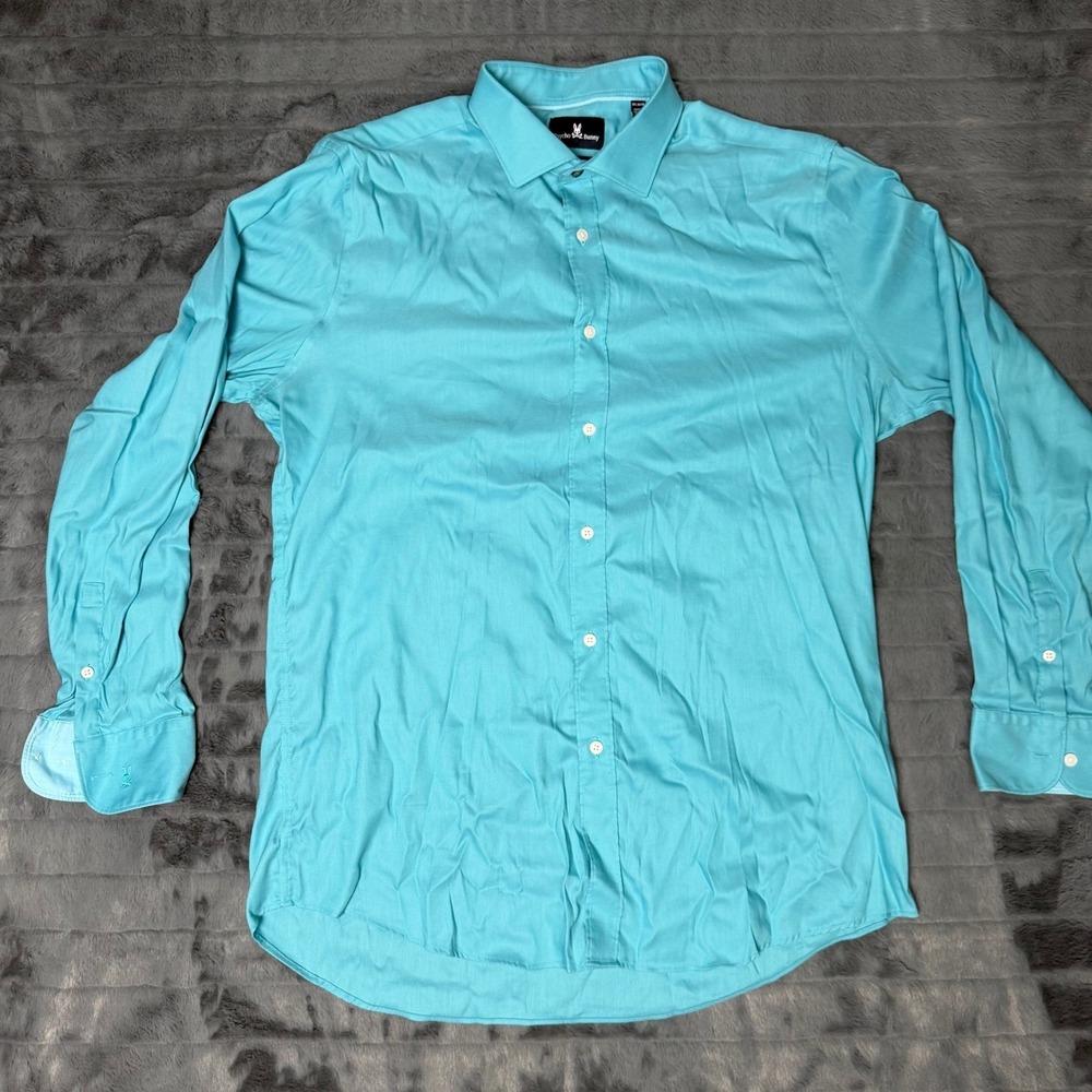 Psycho Bunny Mens Modern Fit Stretch Non Iron Dress Shirt Turq Blue 16.5 34/35